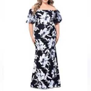 XSCAPE Plus Size Floral Balloon-Sleeve Off-The-Shoulder black/white Gown -